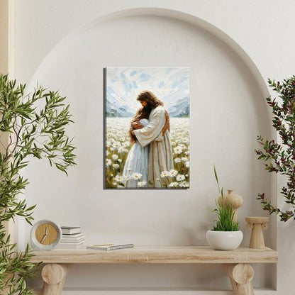 Jesus Hugging Girl Canvas Wall Art - Modern Christian Healing Embrace | 12x16in Decor for Home
