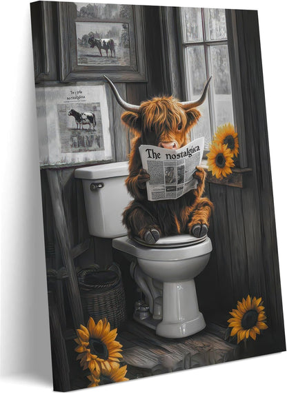 Ovczax Highland Cow Bathroom Wall Art - Cute Animal Decor Print | Framed 16" x 12" Poster