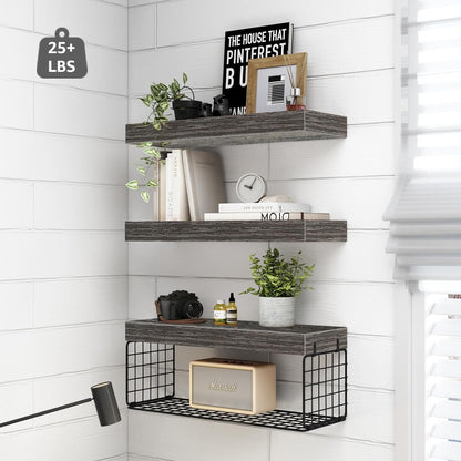 QEEIG Bathroom Shelves Over Toilet - Wall Mounted Floating Storage | Set of 3 Grey 16-Inch Farmhouse Decor