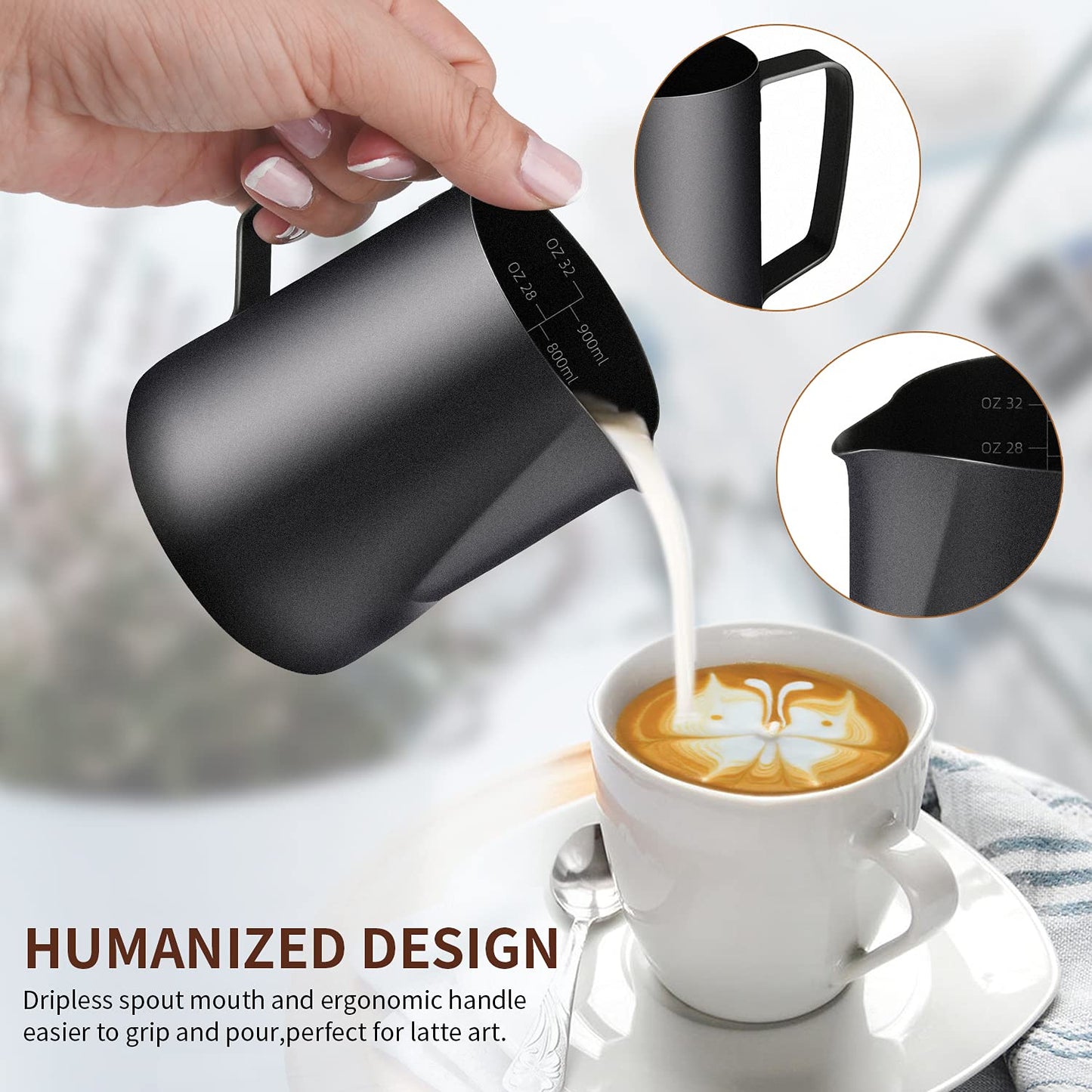 Milk Frothing Pitcher, Stainless Steel Espresso Steaming Pitcher 320Z/900ML Coffee Milk Frother Cup with Decorating Art Pen for Espresso Machine, Milk Frother, Latte Art Black