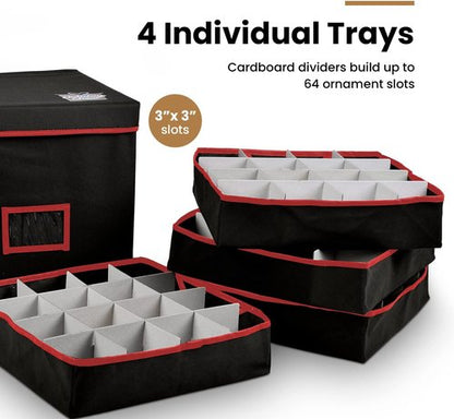 Holiday Cheer Christmas Ornament Storage - Premium Container with 4 Trays for 64 Ornaments | Tear-Proof Fabric