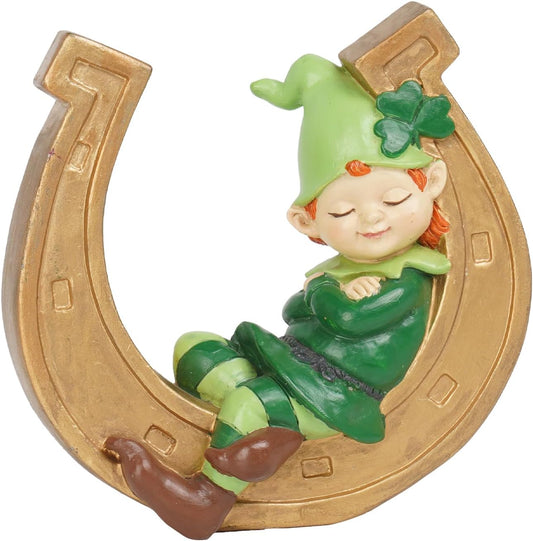 Braxio St. Patrick's Day Decorations | Resin Gnome Collectible Figurines - Green Gnome & Gold Horseshoe Centerpieces (3.75" x 1.5" x 3.75")