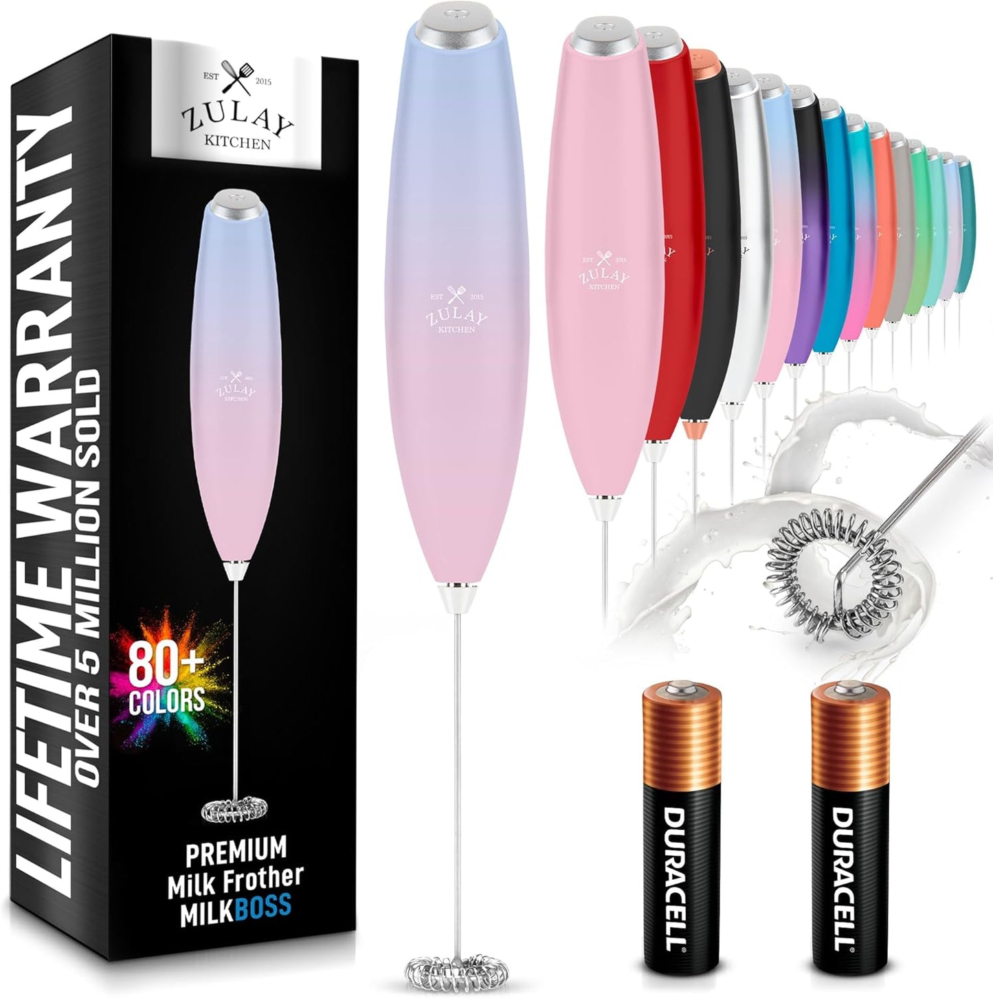 Zulay Kitchen Milk Frother Handheld Electric Whisk with AA Duracell Batteries – Durable Drink Mixer for Coffee, Lattes, Cappuccinos & More - Lavender