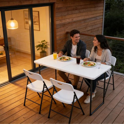 Folding Table - Heavy Duty 4ft Fold-in-Half Plastic Table with Adjustable Height | Portable for Indoor & Outdoor Use (White)