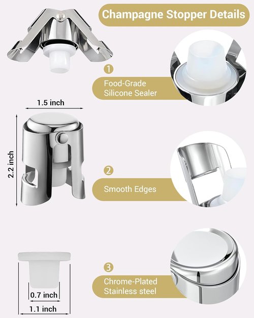 Champagne Stoppers 2 Pack, Leak-Proof Stainless Steel Wine Stopper Saver with Silicone Seal Sparking Wine Saver for Cava, Prosecco and More, Silver