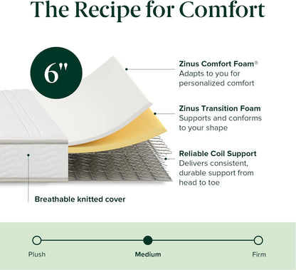Zinus 6 Inch Hybrid Mattress - Medium Firmness, Durable Support, Twin Size, Certified Safe Foams