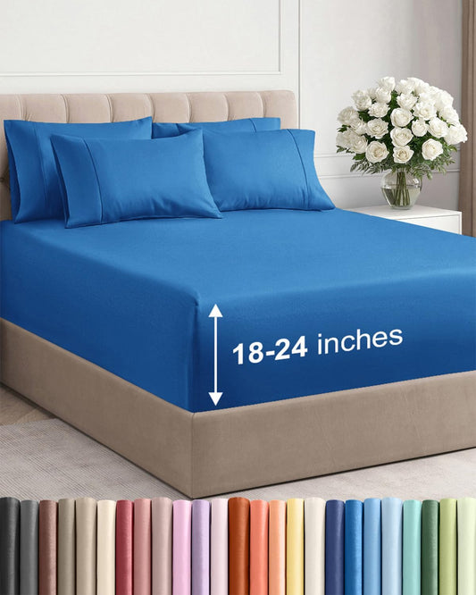 Skiennix Extra Deep Queen Sheet Set - 6 Piece Cooling & Breathable Bedding - Soft, Wrinkle-Free Royal Blue