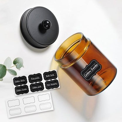 Amolliar Amber Glass Qtip Holder - Stylish Apothecary Jar with Matte Black Lid | 4-Pack Bathroom Organizer for Cotton Swabs & Floss