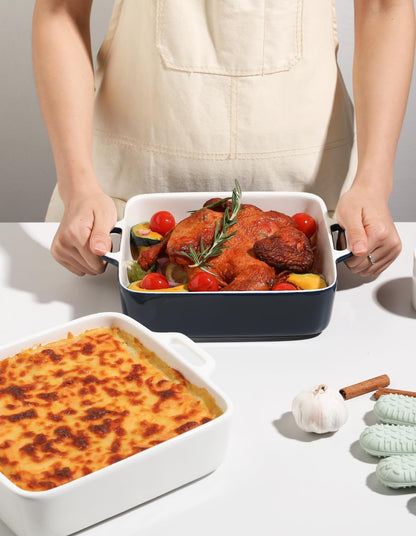 Sweejar 8x8 Baking Pan - Ceramic Casserole Dish with Double Handles | 2 QT Square for Brownies, Lasagna, Family Dinners (Navy)