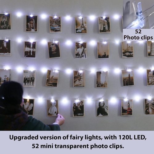 HXWEIYE 120LED White Photo Clips String Lights - 40Ft Fairy Light with 52 Clips & 12 Hooks | USB Powered, Timer & 8 Modes for Bedroom & Wedding Decor