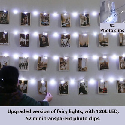 HXWEIYE 120LED White Photo Clips String Lights - 40Ft Fairy Light with 52 Clips & 12 Hooks | USB Powered, Timer & 8 Modes for Bedroom & Wedding Decor
