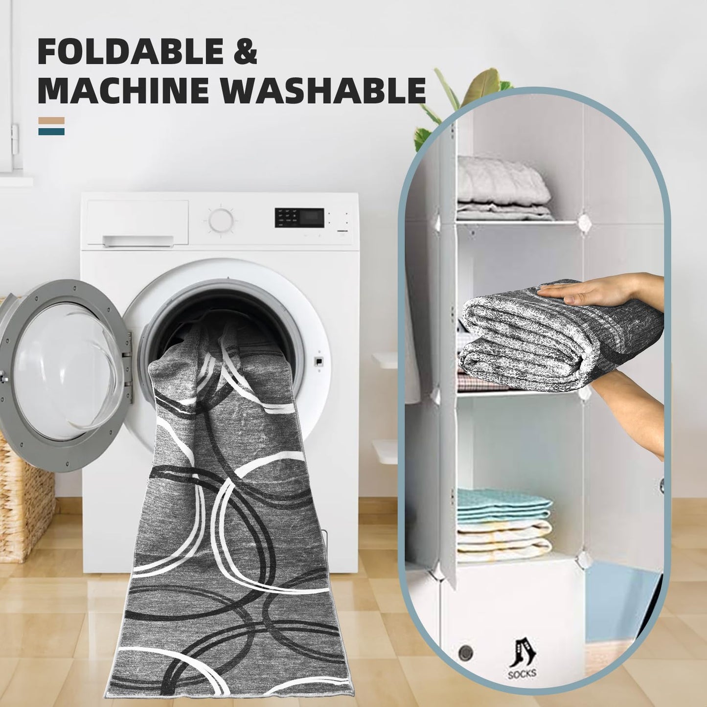 YUFANUHO Modern Grey Area Rugs for Living Room, 6x9 Feet Large Faux Wool Carpet with Abstract Circles Line Design for Bedroom, Machine Washable Non-Slip Wool Rugs 6'x9', Grey/Black/White