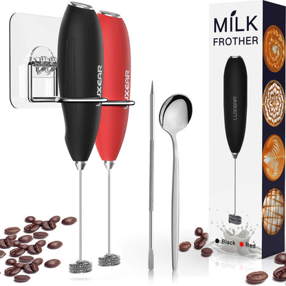 LUXEAR One Touch Milk Frother Handheld, Battery Operated Electric Hand Foamer Blender for Lattes, Whisk Drink Mixer for Coffee, Cappuccino, Frappe, Hot Chocolate with Stainless Steel Stand - Black