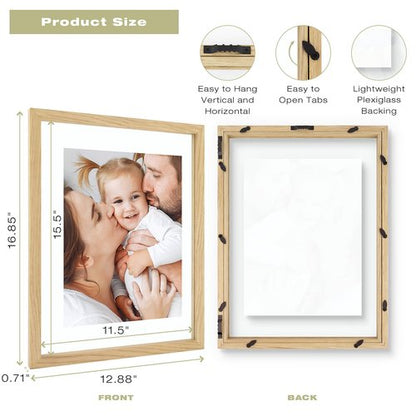 12x16 Floating Picture Frame - Solid Wood Frame for Pressed Flower - Real Glass of Front - Use as 8.5x11 or 11x14 Picture Frame - for Wall Mount Display (Natural Wood, 1 Pack)