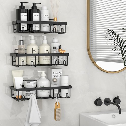 Liuoud 10 Pack Shower Caddy Organizer Rack Shelf for Inside Shower, Self Adhesive Wall Storage Basket Rustproof Stainless Steel Shampoo Holder Bathroom Accessory Decor Set, Black