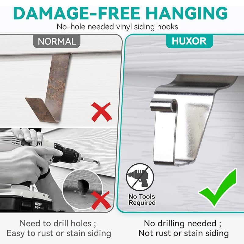 HUXOR 10-Pack Vinyl Siding Hooks for Outdoor Use - Heavy Duty 1mm Stainless Steel
