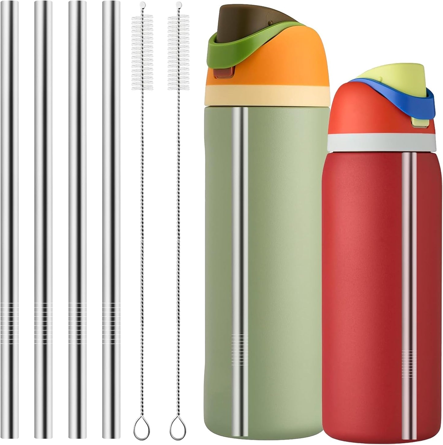 Owala Metal Straw Replacement Set - Reusable Stainless Steel Straws with 2 Cleaners | Fits 24 oz & 32 oz Bottles - 4pcs