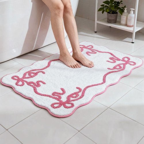 Barossa Design 100% Cotton Pink Bow Bathroom Rug - Scalloped Cute Tufted Bow Bath Mat, Soft Breathable Cotton Bathmat for Bathroom Decor, Non-Slip Hot Melt Adhesive Backing & Washable, 20"x32"