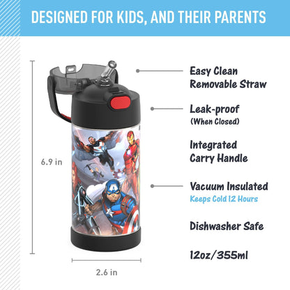 THERMOS FUNTAINER Water Bottle - 12 Ounce Stainless Steel Vacuum Insulated Kids Bottle with Straw | Avengers Design