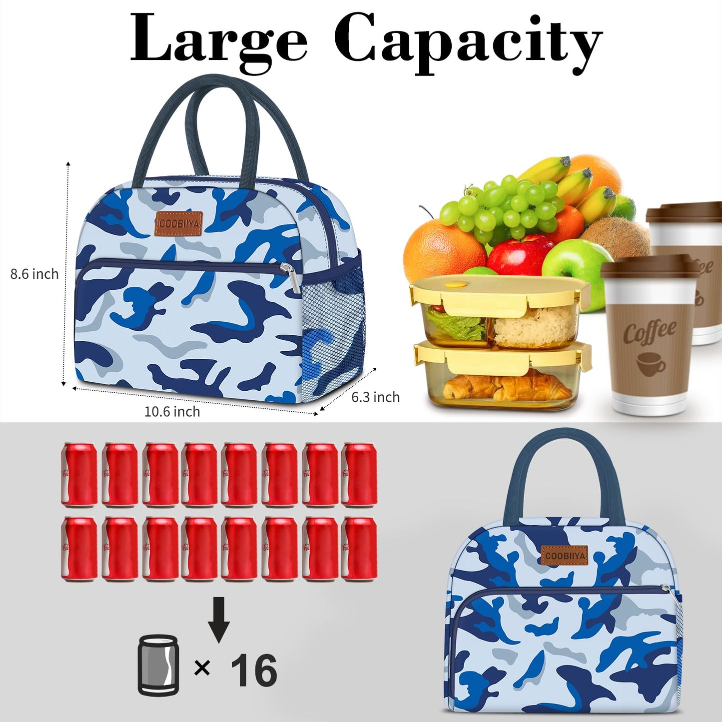 Coobiiya Lunch Bag Women, Lunch Box Lunch Bag for Women Adult Men, Small Leakproof Cute Lunch Tote Large Capacity Reusable Insulated Cooler Lunch Container for Work/Office/Picnic/Travel-Blue Camo