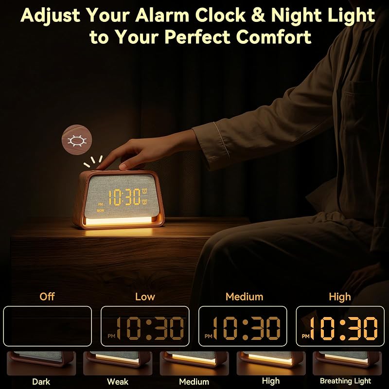 Alarm Clock with White Noise Machine & Night Light – Dark Wood Grain, Dual Alarm