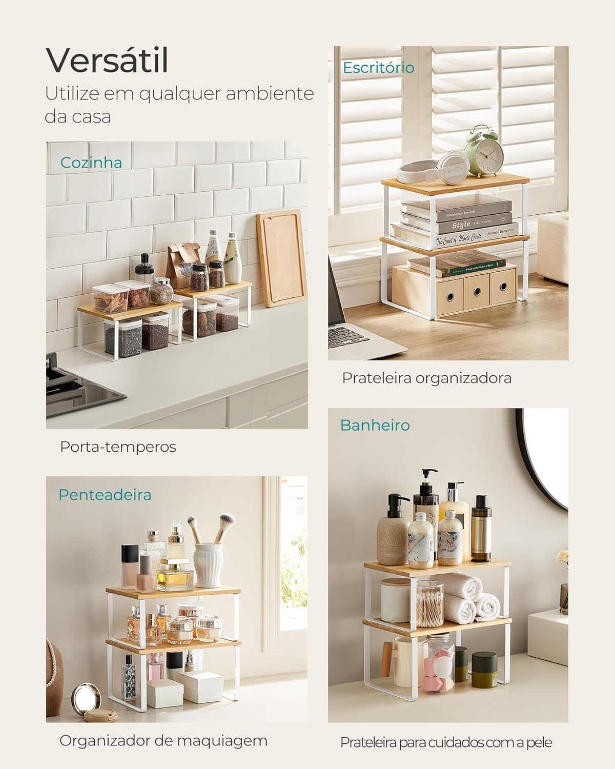 SONGMICS Kitchen Organizer Shelves - Set of 2 Stackable Spice Racks in Cloud White & Natural Beige