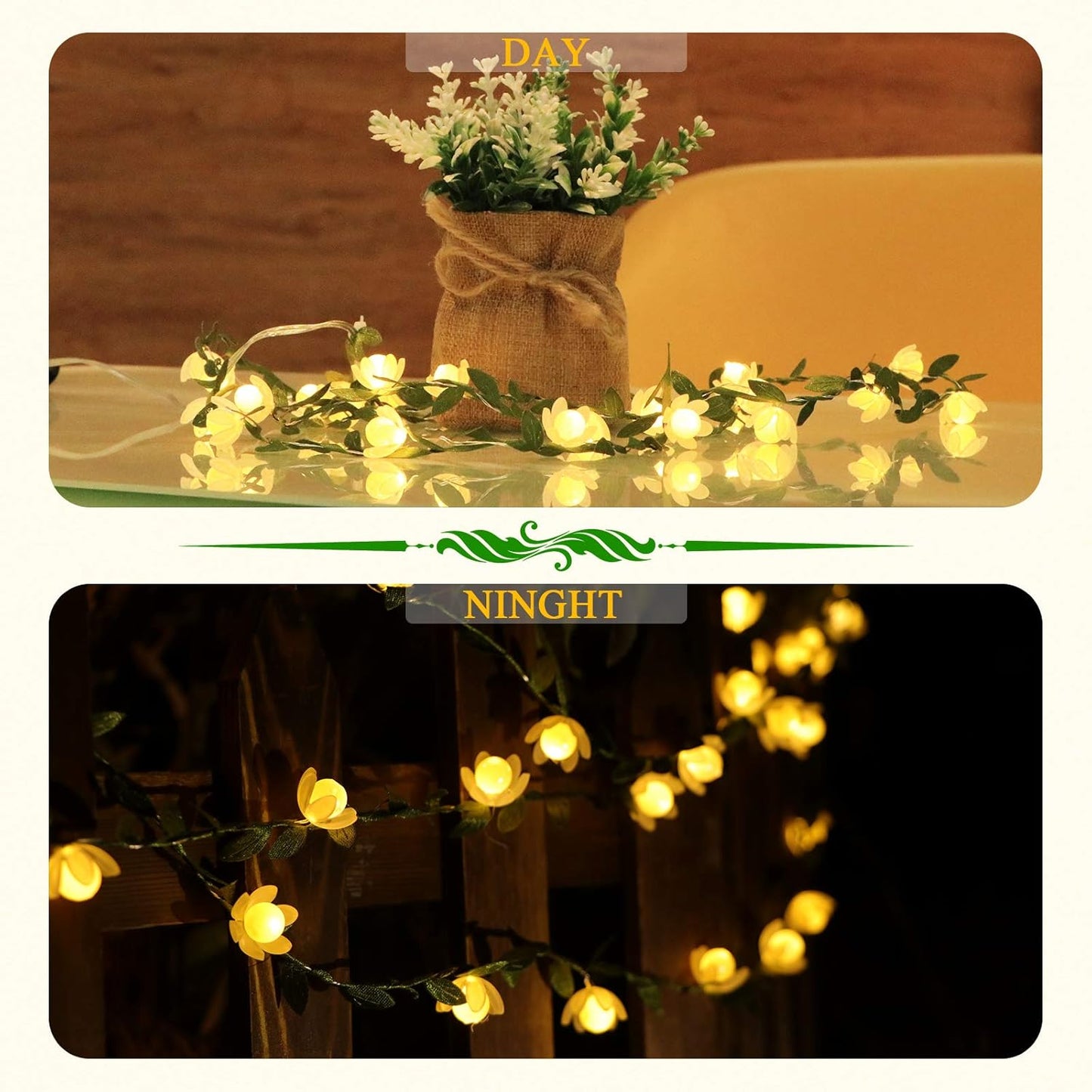 Vigdur Fairy String Lights - 2-Pack Tiny Leaf Garland with White Flowers | Battery-Powered, 15.2FT, 50 LEDs for Indoor/Outdoor Décor