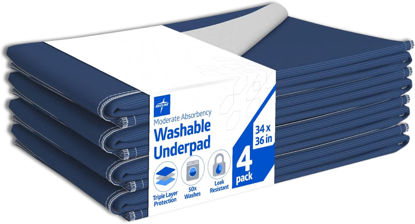 Medline Washable Bed Pads - Large 34 x 36 Inch Reusable Underpads | 4 Pack for Incontinence, Navy & Gray