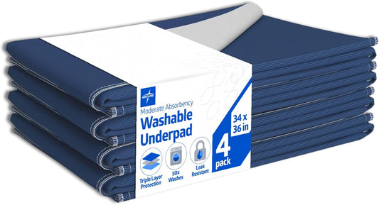 Medline Washable Bed Pads - Large 34 x 36 Inch Reusable Underpads | 4 Pack for Incontinence, Navy & Gray