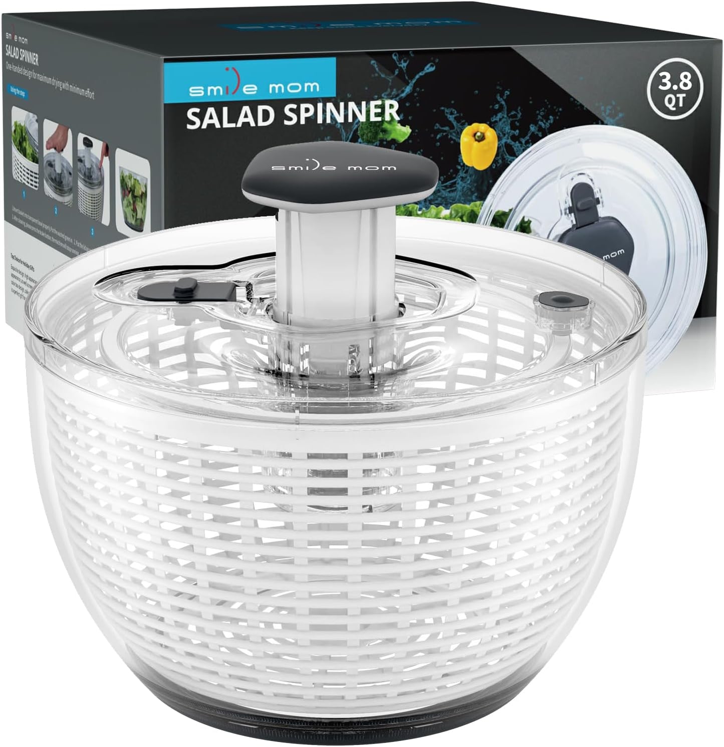 Smile Mom Salad Spinner - High-Efficiency Lettuce Washer with One-Handed Handle | 3.8 Qt White