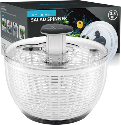 Smile Mom Salad Spinner - High-Efficiency Lettuce Washer with One-Handed Handle | 3.8 Qt White