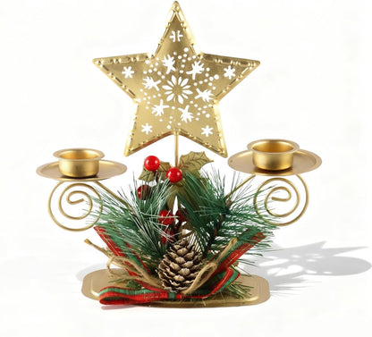 Christmas Candle Holders - Metal Table Centerpiece with Artificial Berries & Pine Cones | Festive Decor