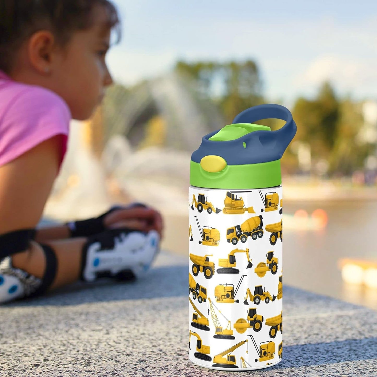 Skiennix Stainless Steel Water Bottle | 12 Oz Vacuum Insulated for Kids - Construction Truck Design