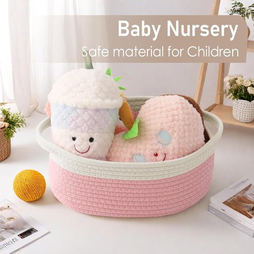 JMvicyroam Woven Basket - Small Rope Storage Bin with Handles | Stylish Organizer for Shelves & Closets - White & Pink (2 Pack)