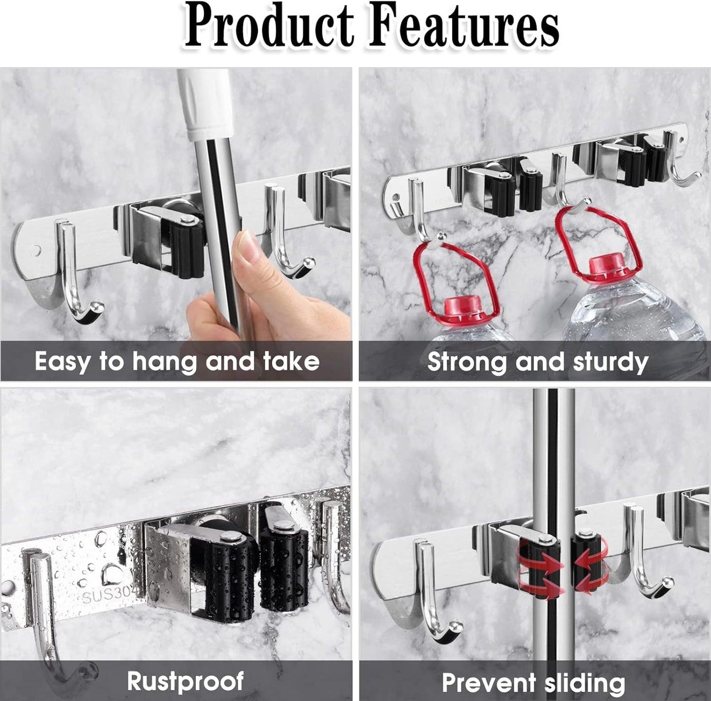 Skiennix Broom and Mop Holder - Wall Mounted Garage Organizer with Heavy Duty Hooks | Stainless Steel, Non-Slip