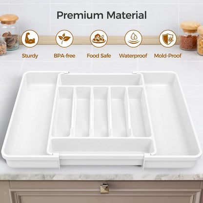 Ukeetap Extra Large Expandable Silverware Organizer - BPA-Free Cutlery Holder for Kitchen Drawers | Adjustable White Design
