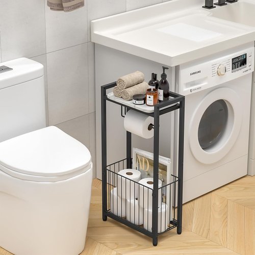 Freestanding Toilet Paper Holder - Stylish Bathroom Tissue Stand with Storage Shelf for Phone & Magazines