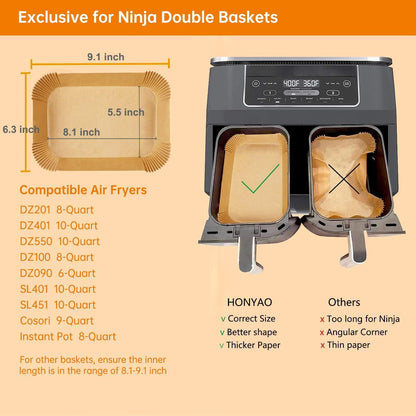 Ninja Foodi Air Fryer Paper Liners - 200 Disposable Rectangle Inserts for Dual Zone Air Fryers | 9'' x 6''