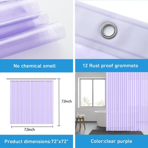 EHZNZIE Shower Curtain Liner Light Weight PEVA, Shower Liner 72x72 Inches, Waterproof, No Chemical Smell with 12 Rust Proof Metal Grommets for Bathroom Shower Curtain, Clear Purple