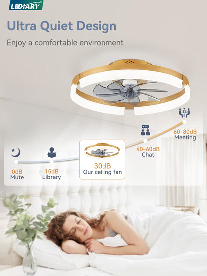LEDIARY Ceiling Fans with Lights and Remote, 19.7 Inch Low Profile Ceiling Fan, 6 Speeds, Reversible, Dimmable Flush Mount Fan Light,Modern Ceiling Fan with Light for Bedroom, Gold