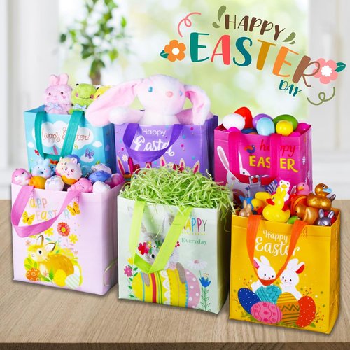 Exun Happy Easter Gift Bags with Handles, Bunny Carrot Chick Designs, Reusable Non-Woven Treat Bags for Party Favors, Gift Wrapping, Easter Basket Container, 9.1×8.7×4.5 inch, 6-Pack