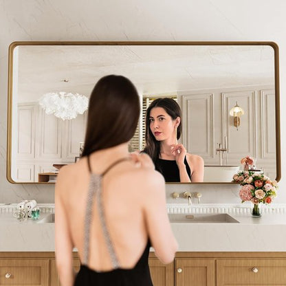 LOAAO Bathroom Mirror - 84x32 Inch Rounded Rectangle Design with Wood Grain Metal Frame | Anti-Rust, Versatile Hanging Options