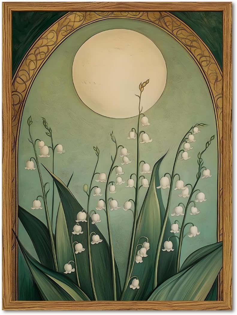 **Regine Switzerland Framed Vintage Lily of the Valley Wall Art - Moody Boho Floral Canvas Print 12x16in**