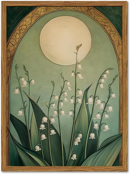 **Regine Switzerland Framed Vintage Lily of the Valley Wall Art - Moody Boho Floral Canvas Print 12x16in**