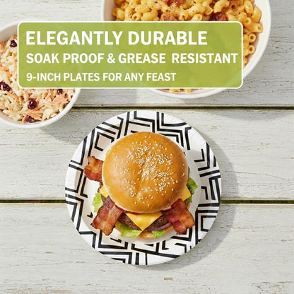 Paper Plates - 9 Inch Decorative Disposable Dinnerware | 160 Count, Soak Proof & Microwave Safe (Black)