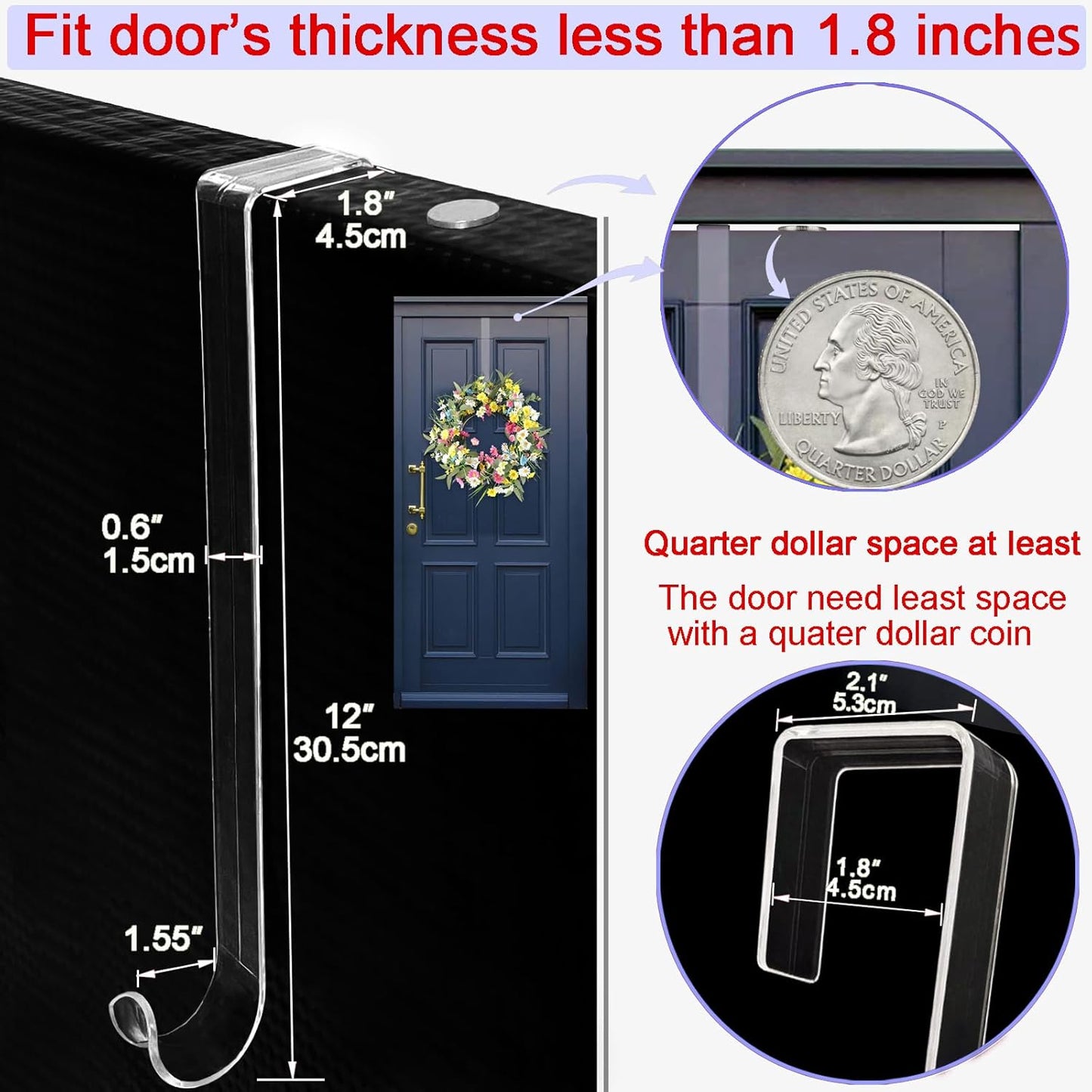 Skiennix Wreath Hanger - 12” Clear Over The Door Hooks for Easter & Christmas Decor | 2 Pack Non-Scratch Holders