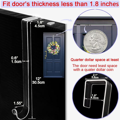 Skiennix Wreath Hanger - 12” Clear Over The Door Hooks for Easter & Christmas Decor | 2 Pack Non-Scratch Holders