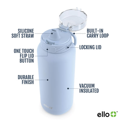 Ello Cooper 40oz Stainless Steel Water Bottle with Straw and Carry Handle, Double Walled and Vacuum Insulated Metal, Leak Proof Locking Lid with Soft Silicone Spout, Reusable, BPA Free, Yucca