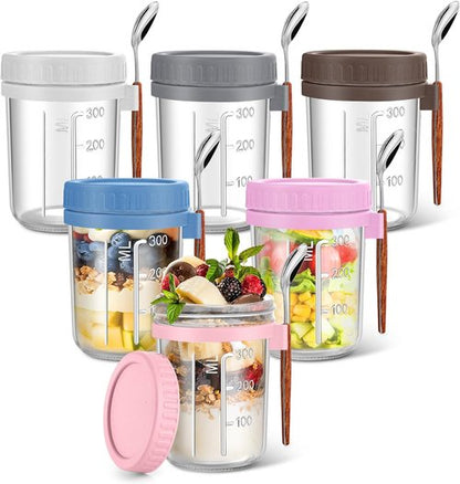 Glass Mason Jars by [Brand Name] - 16 oz Overnight Oats Containers with Airtight Lids & Spoons - 6 Pack