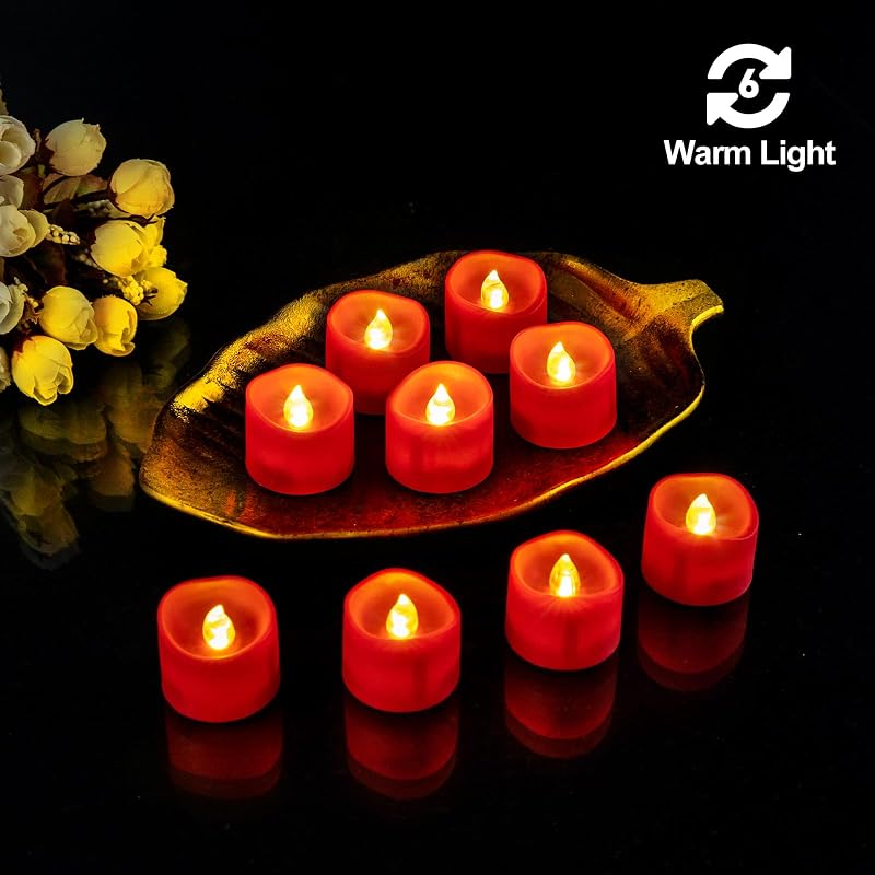 Red Base Warm White Flickering LED Tea Lights, 6H Auto Timer - 12 Pack (Variation: Red)